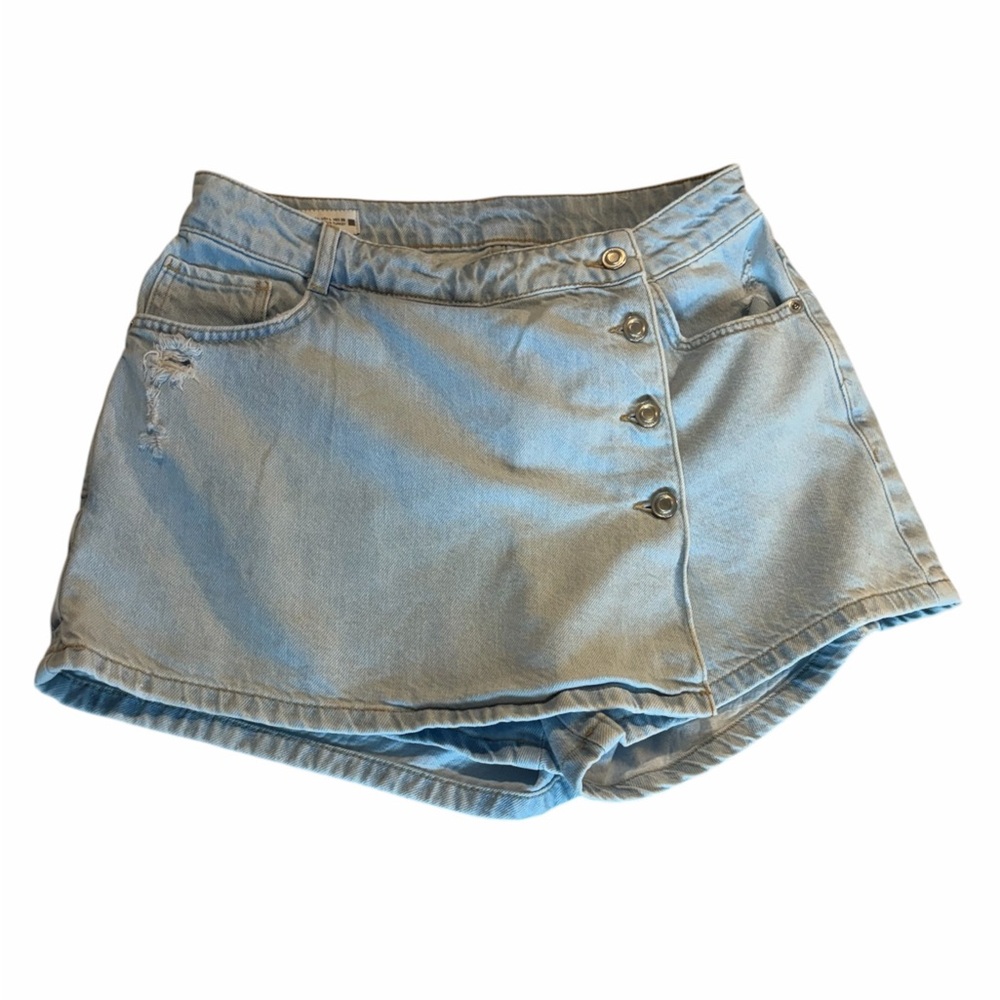 Zara Light Blue Denim Skort with Asymmetrical Button Front